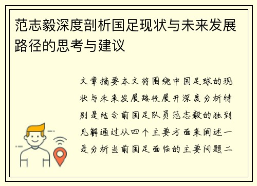 范志毅深度剖析国足现状与未来发展路径的思考与建议 范志毅深度剖析国足现状与未来发展路径的思考与建议
