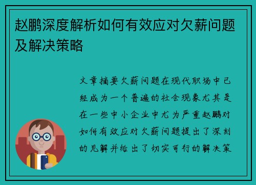 赵鹏深度解析如何有效应对欠薪问题及解决策略 赵鹏深度解析如何有效应对欠薪问题及解决策略